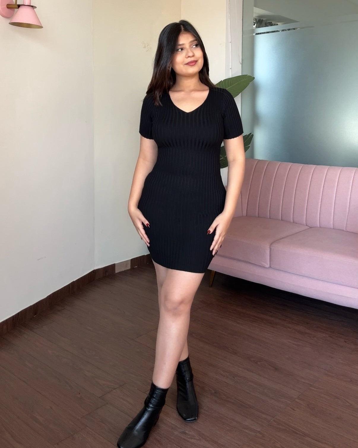 V Neck Ribbed Mini Dress