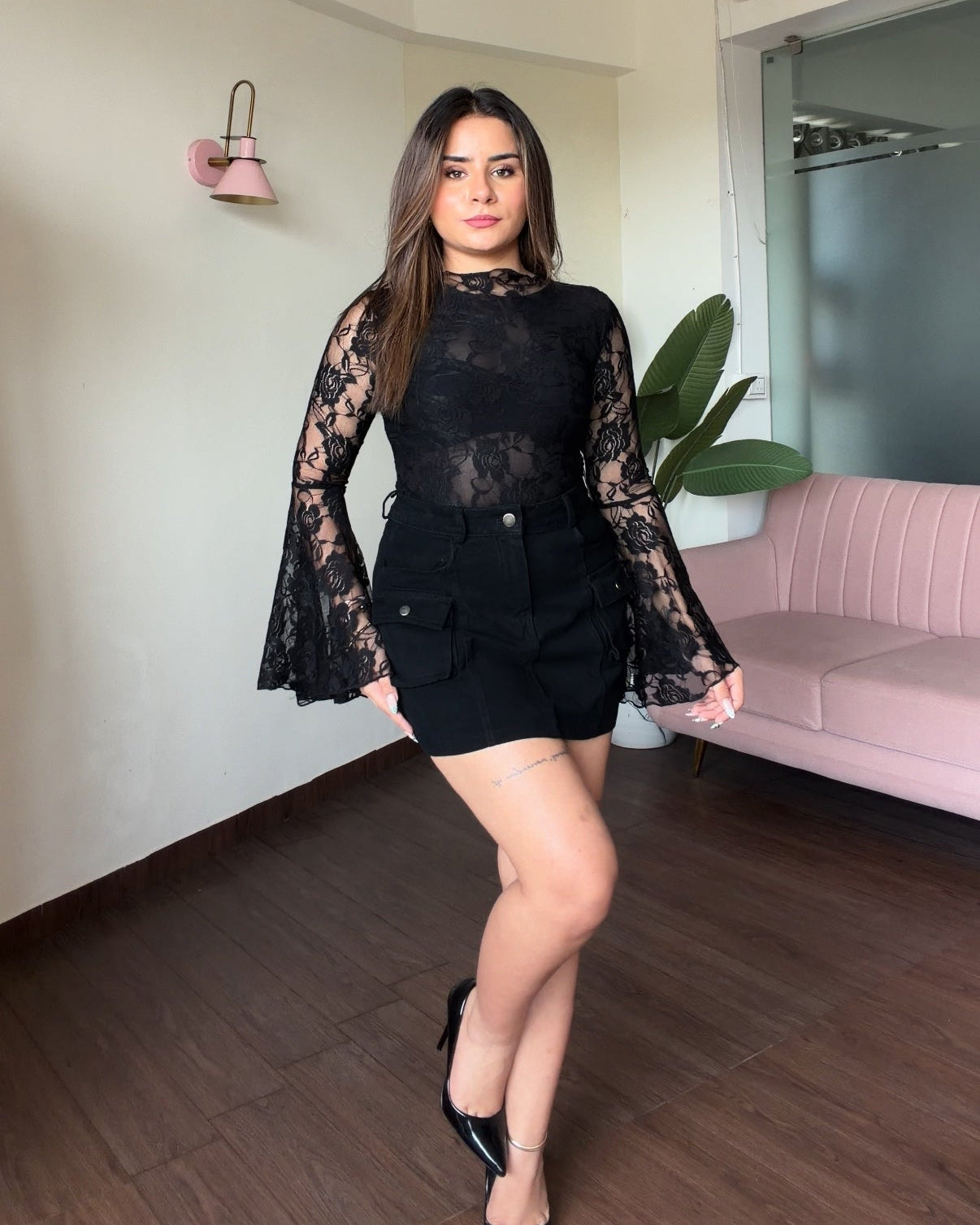 Lacy Bell Sleeve Detailing Bodysuit