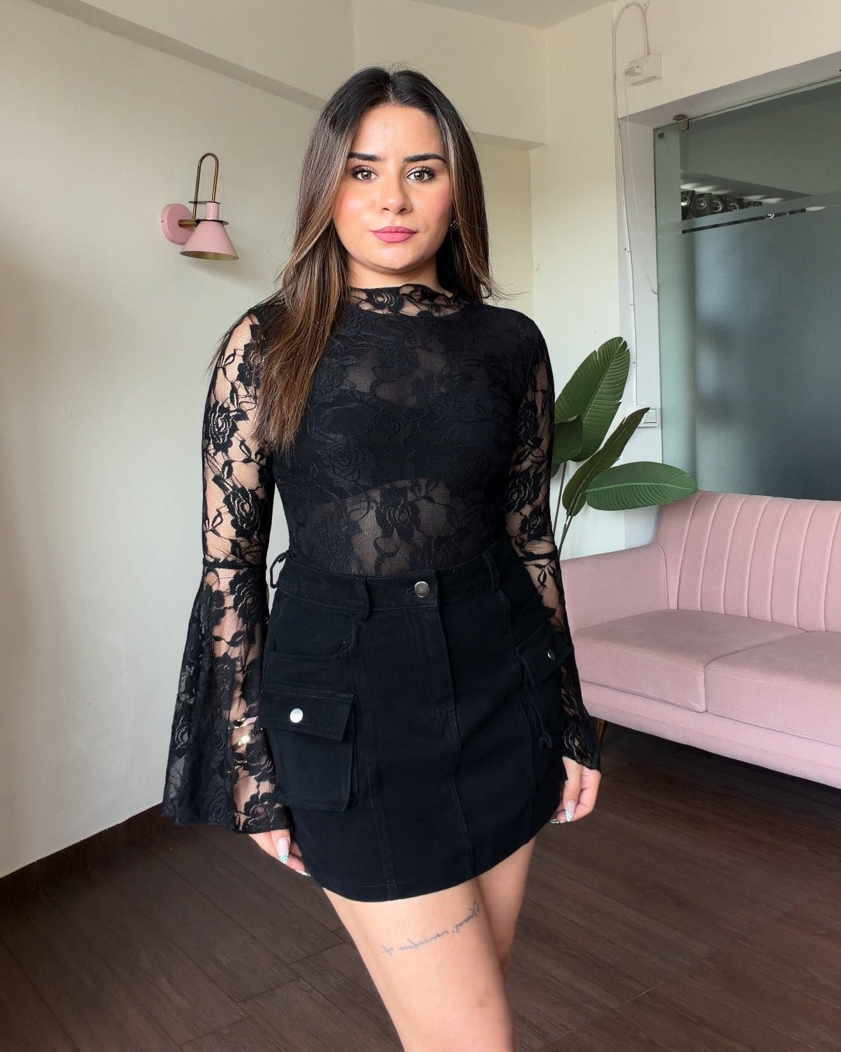 Lacy Bell Sleeve Detailing Bodysuit
