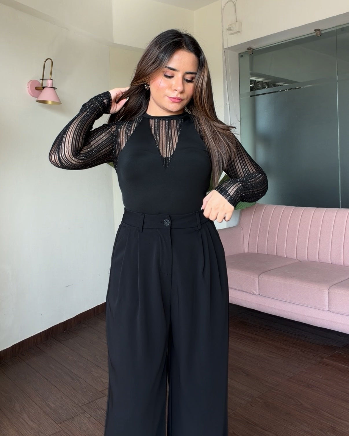 V Neck Net Detailing Shimmer Bodysuit