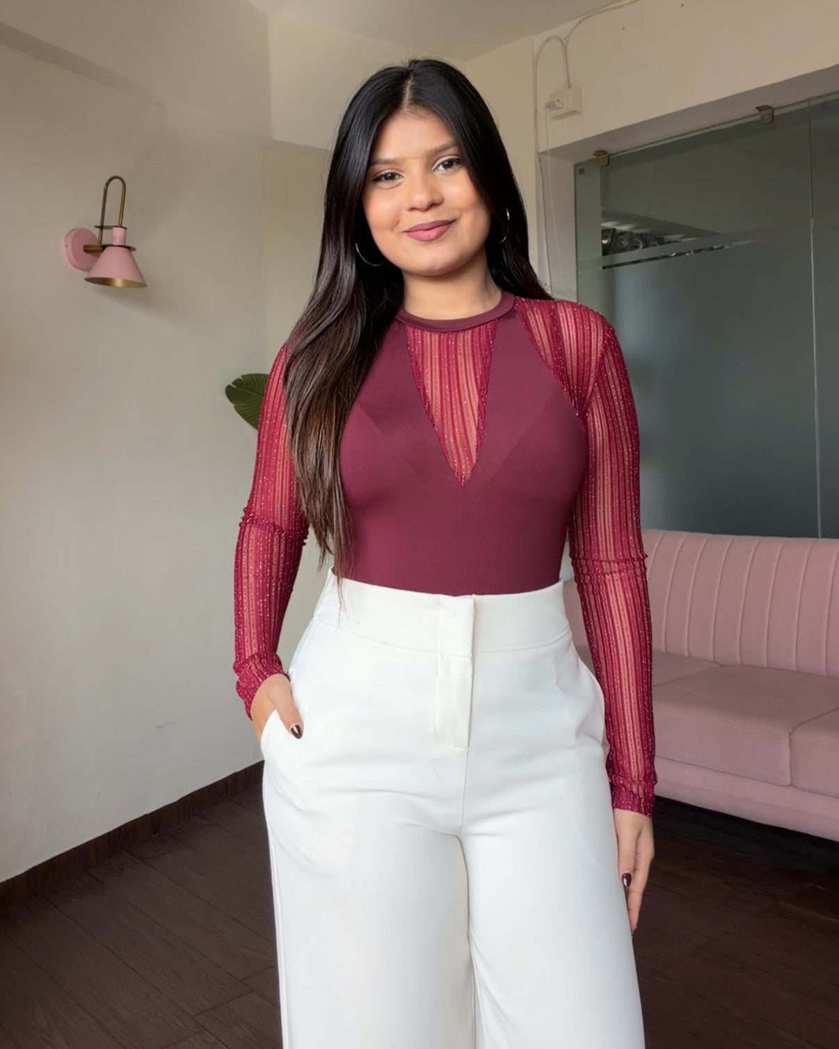 V Neck Net Detailing Shimmer Bodysuit