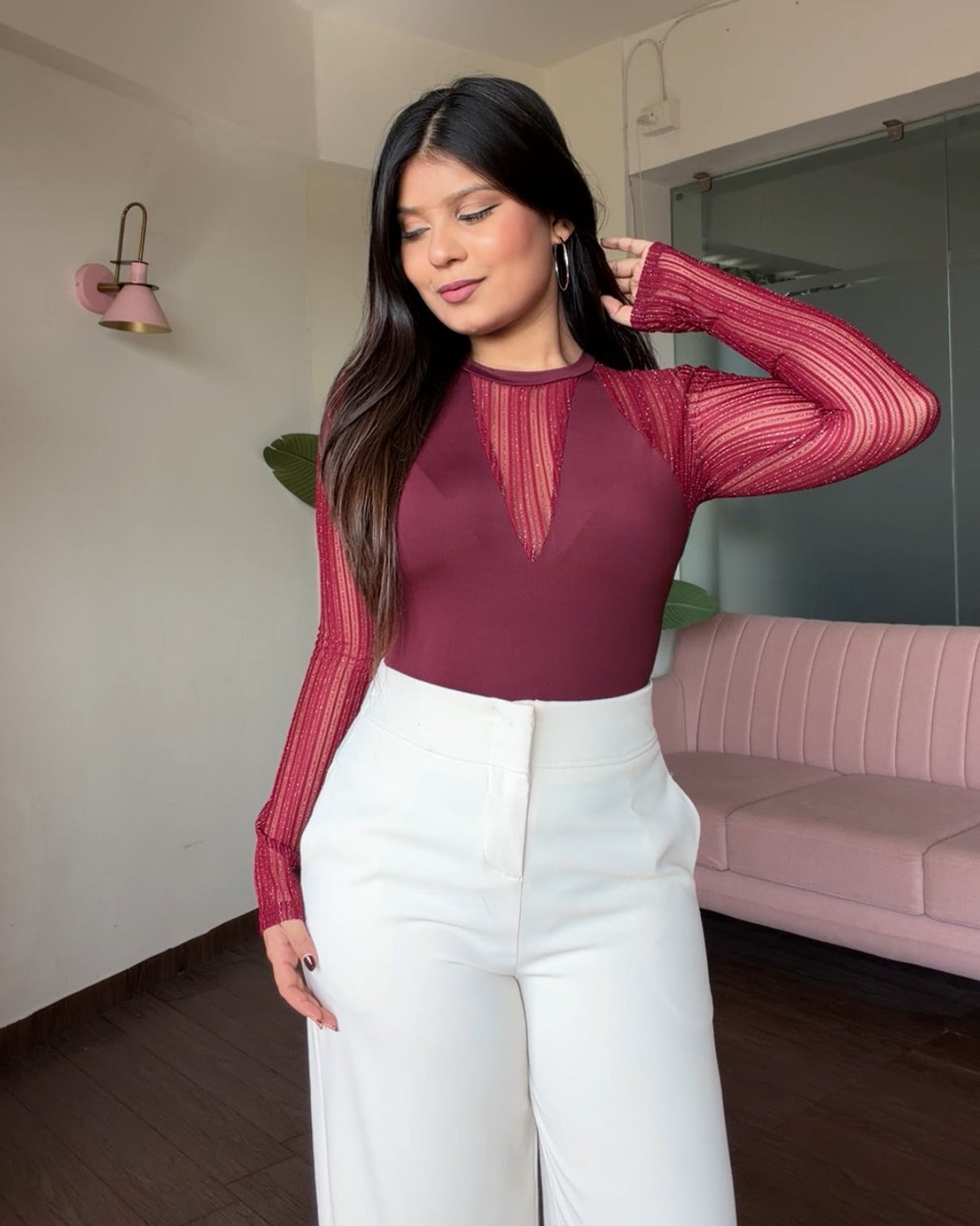 V Neck Net Detailing Shimmer Bodysuit