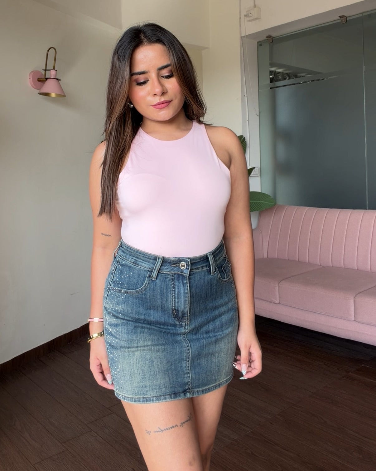 Minimal Sequin Detailing Denim Skirt