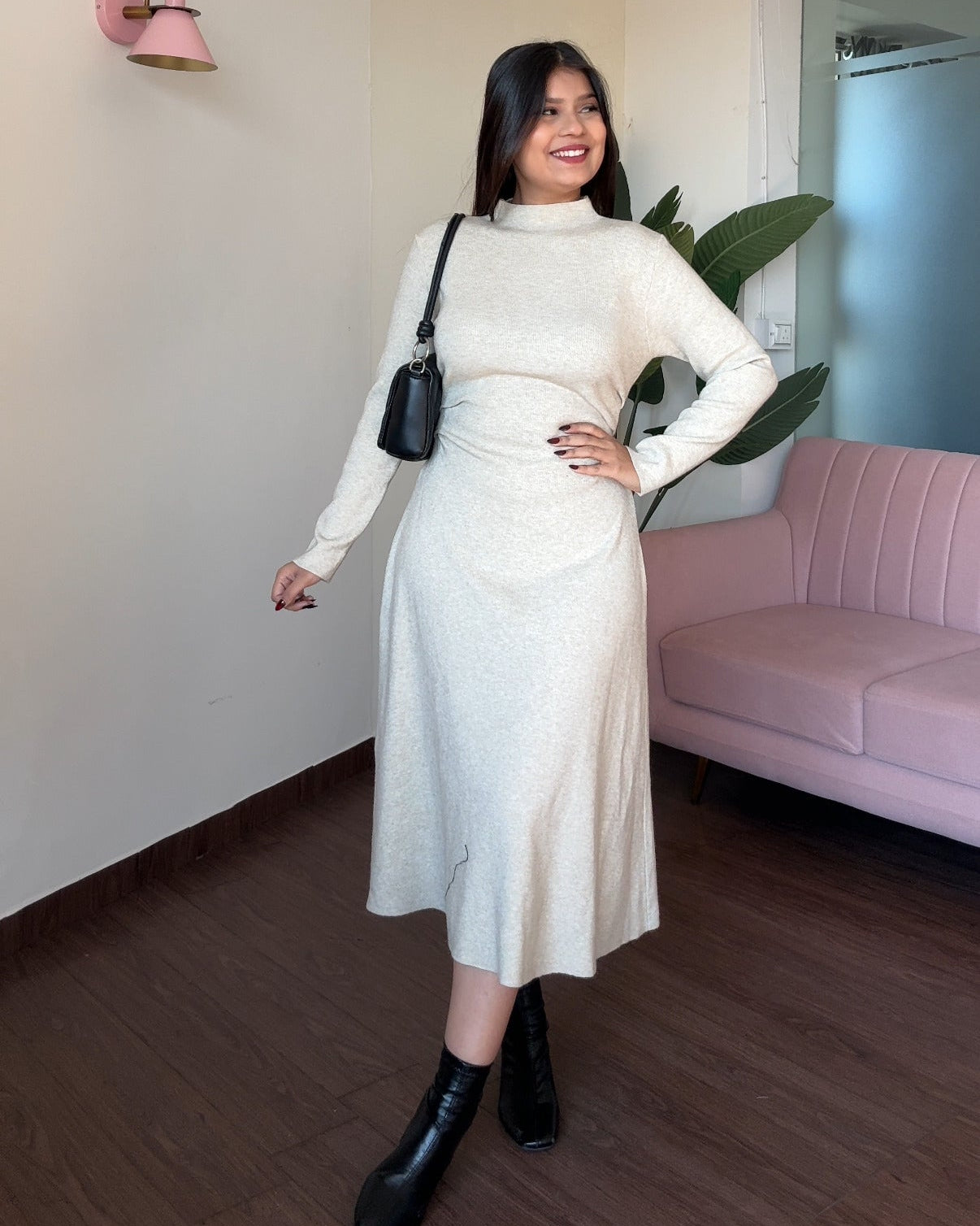 High Neck Ruched Detailing Winter Midi Dress