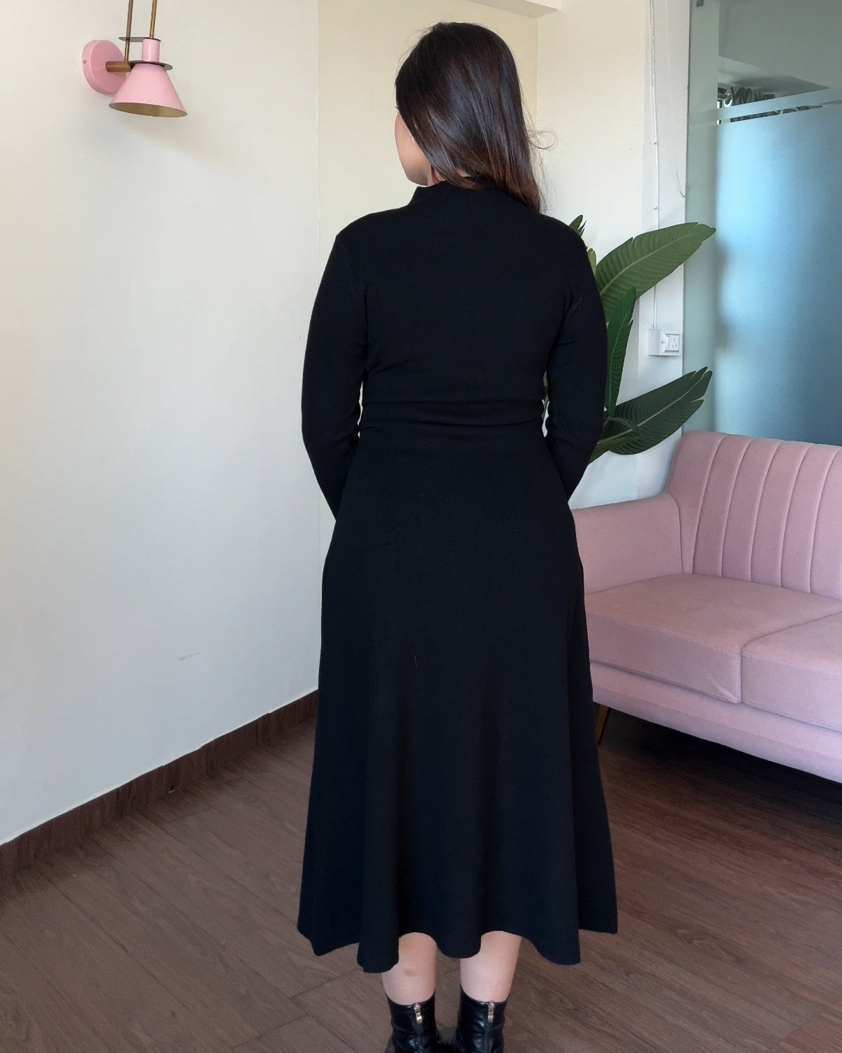 High Neck Ruched Detailing Winter Midi Dress