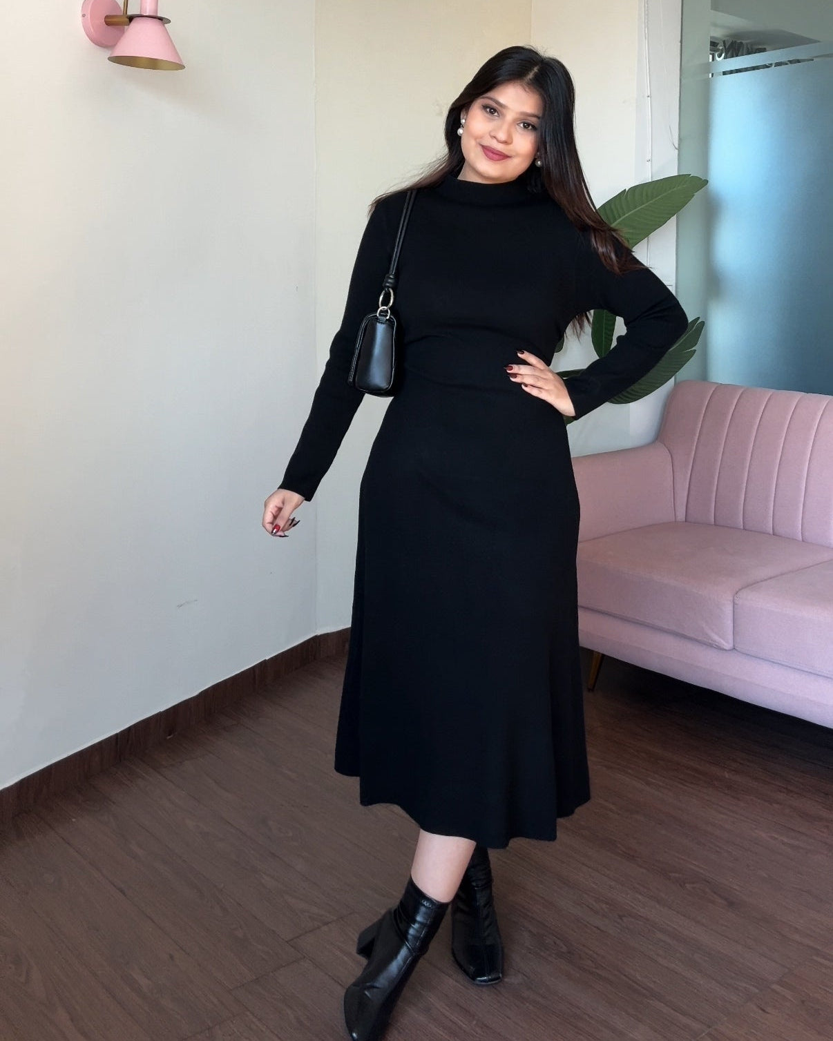 High Neck Ruched Detailing Winter Midi Dress