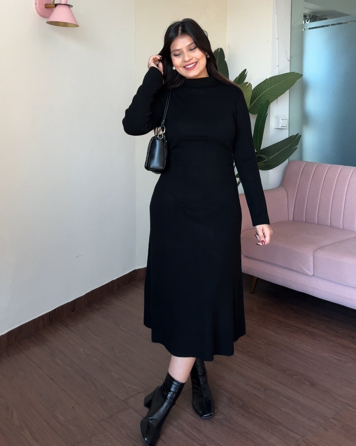 High Neck Ruched Detailing Winter Midi Dress