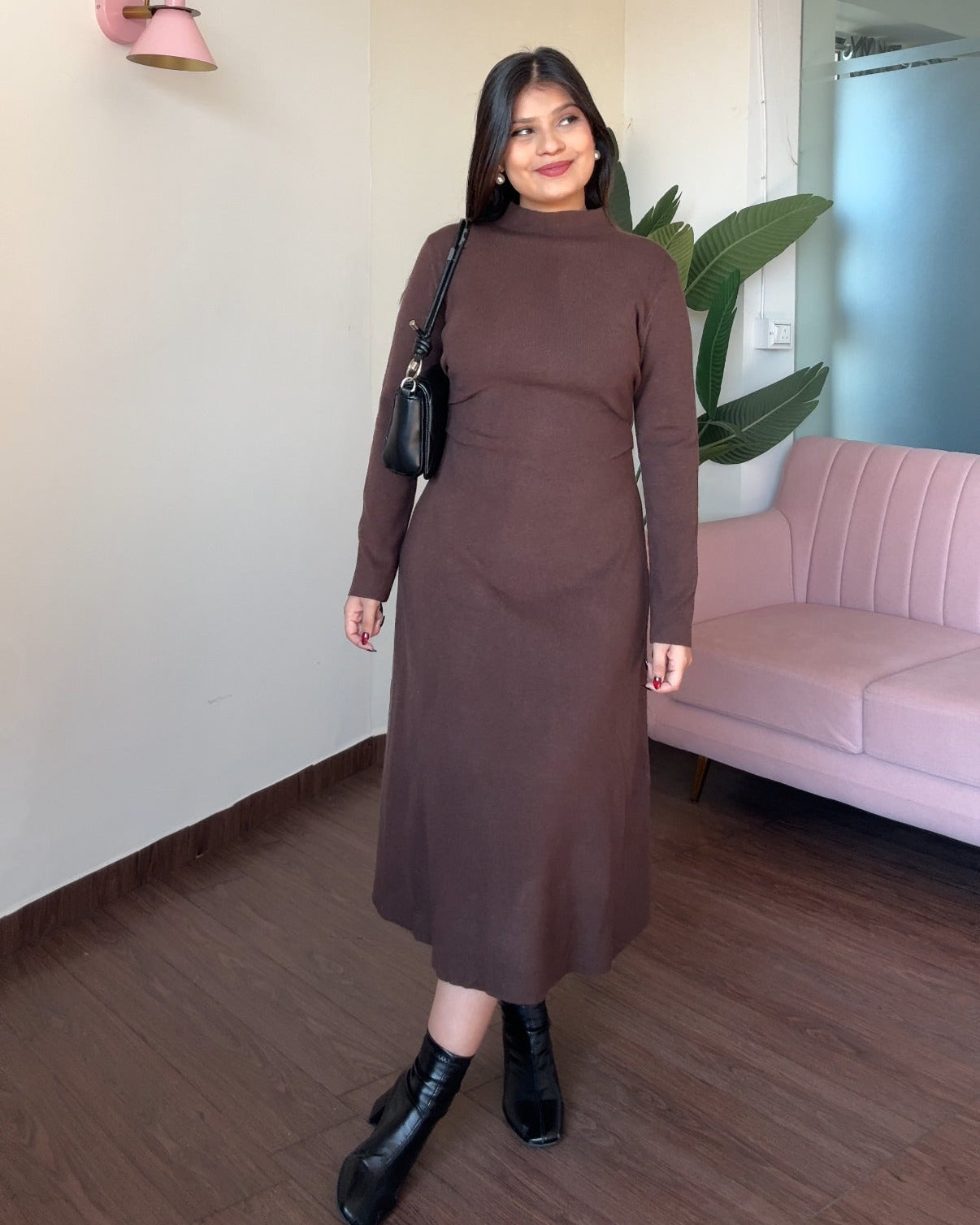 High Neck Ruched Detailing Winter Midi Dress