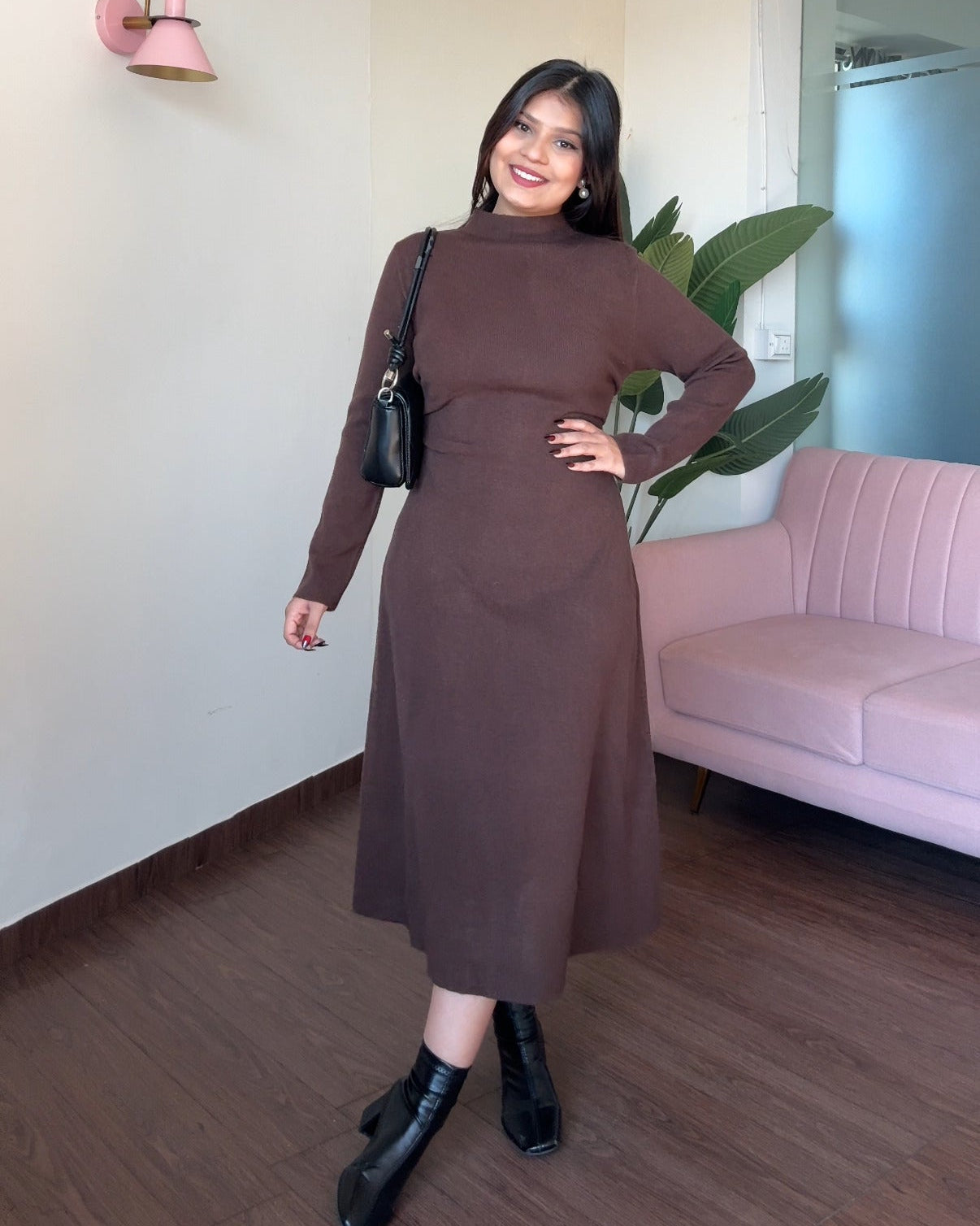 High Neck Ruched Detailing Winter Midi Dress