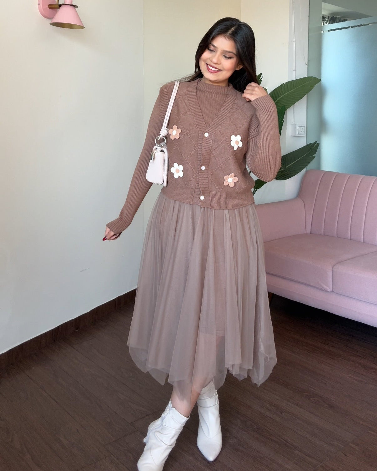 2 Piece Dual Flower Pattern Knitted Vest With Winter Dress