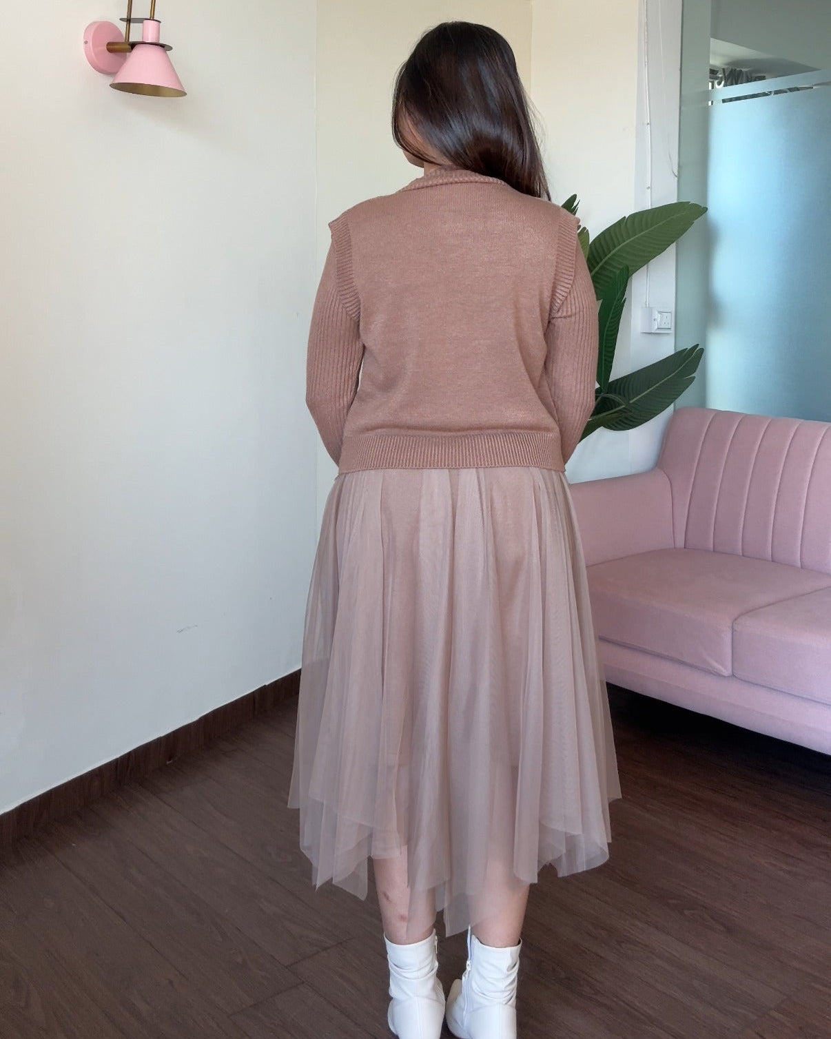 2 Piece Dual Flower Pattern Knitted Vest With Winter Dress