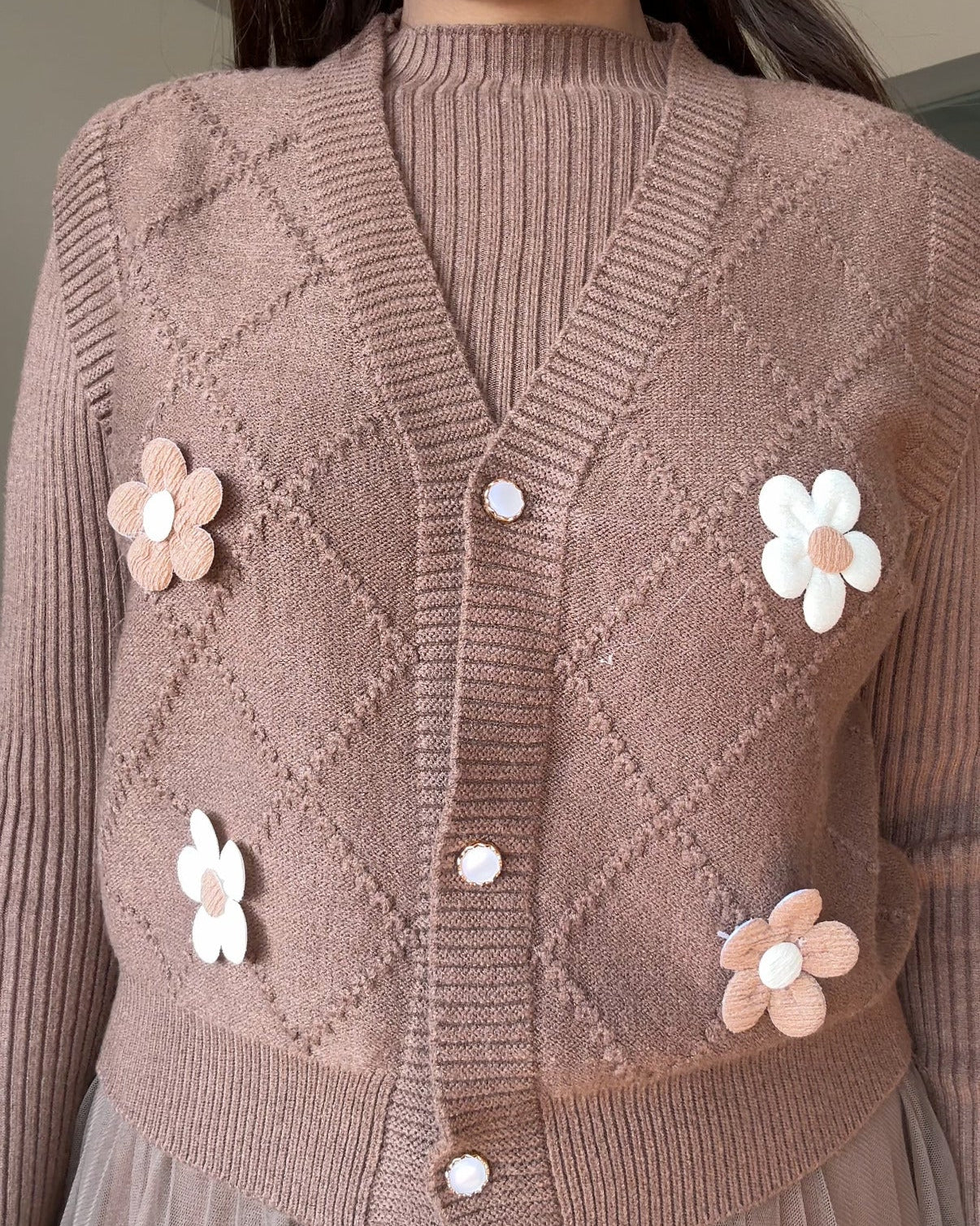 2 Piece Dual Flower Pattern Knitted Vest With Winter Dress