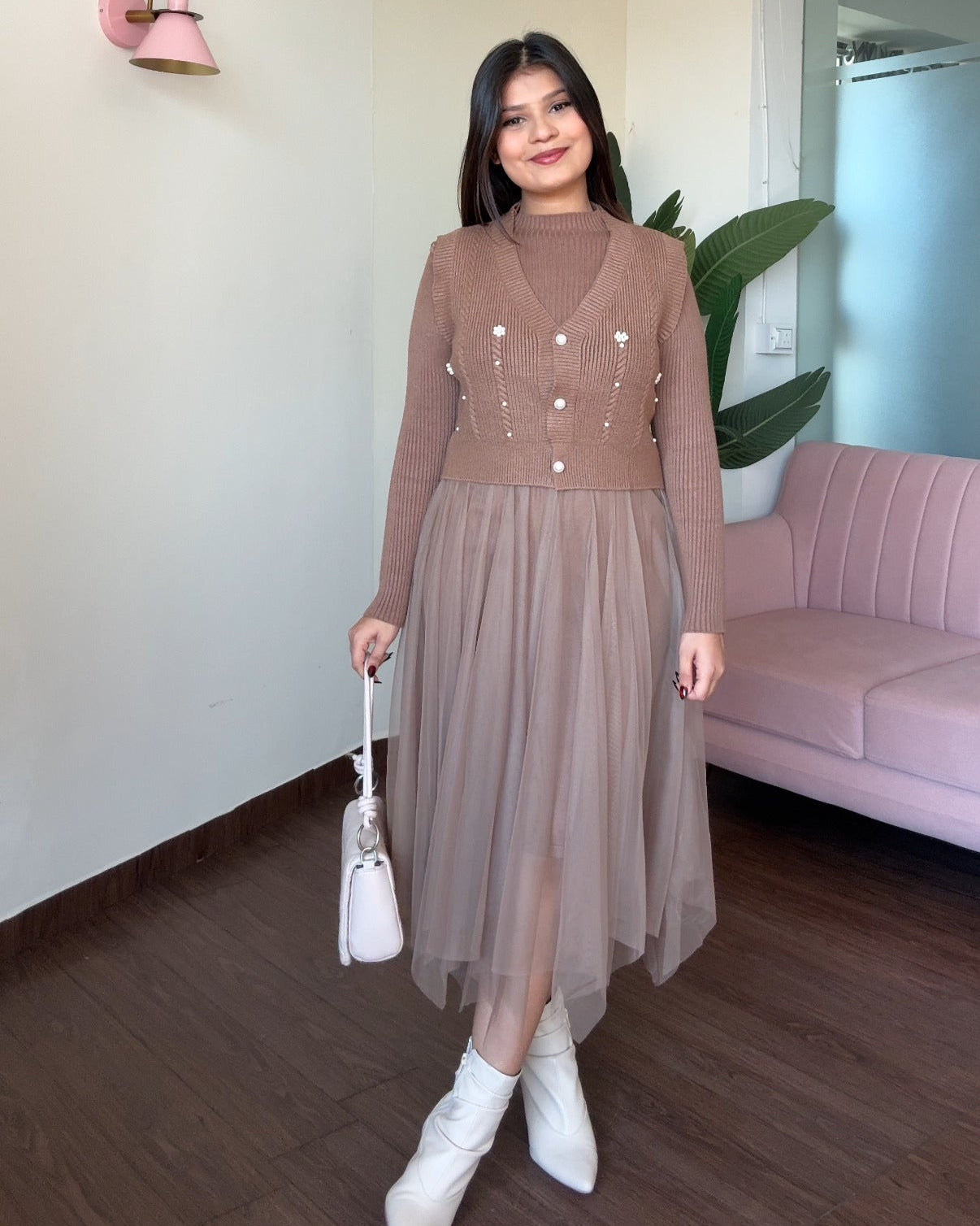 2 Piece Pearl Detailing Vest Top With Winter Dress