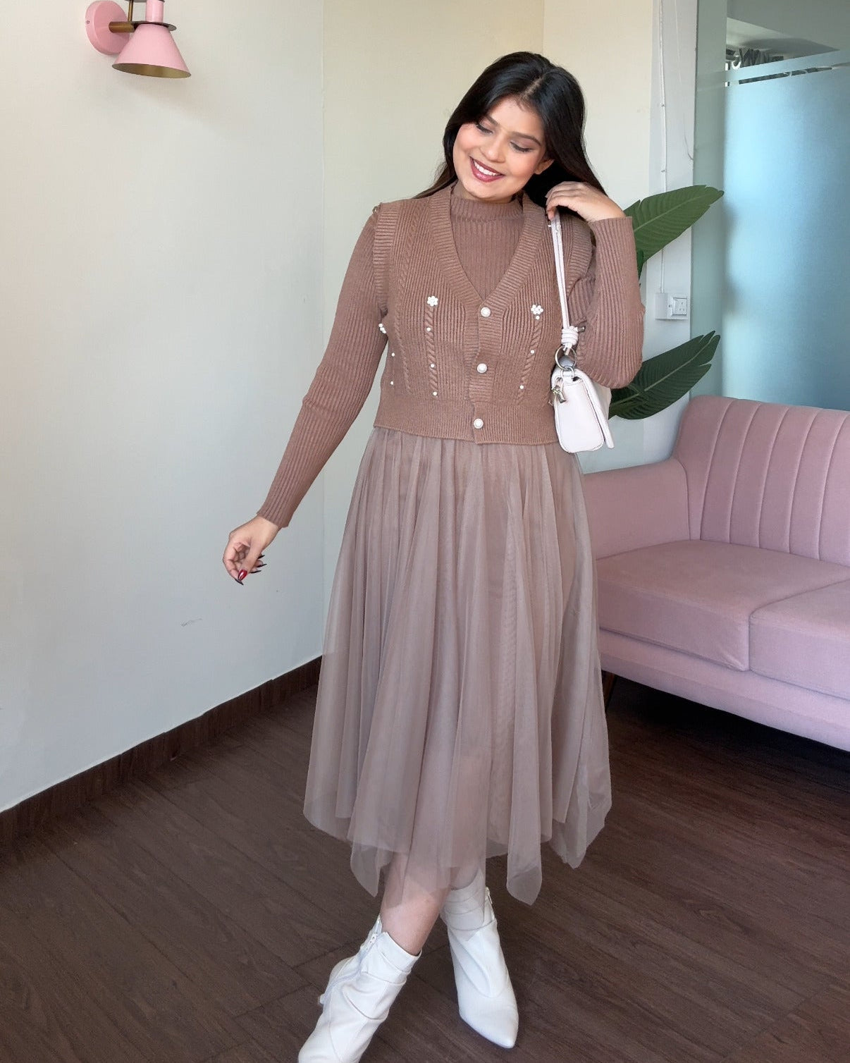 2 Piece Pearl Detailing Vest Top With Winter Dress