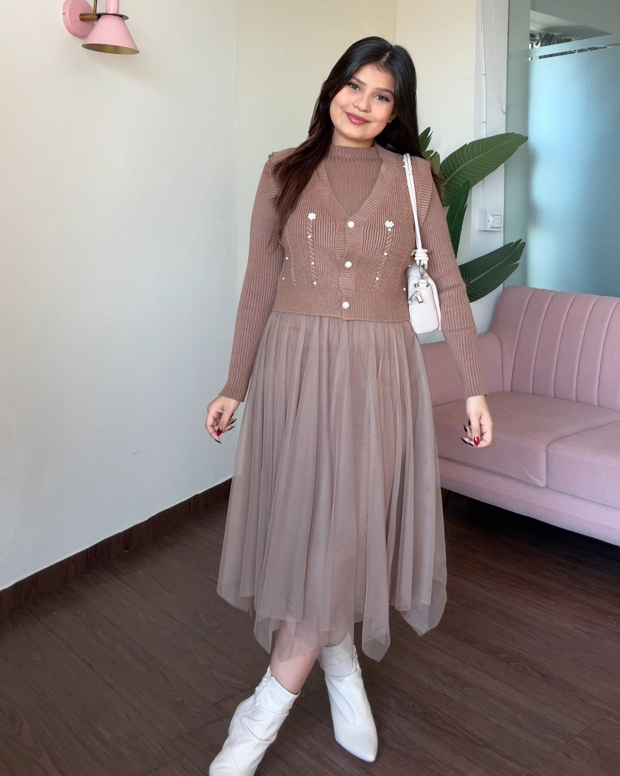 2 Piece Pearl Detailing Vest Top With Winter Dress