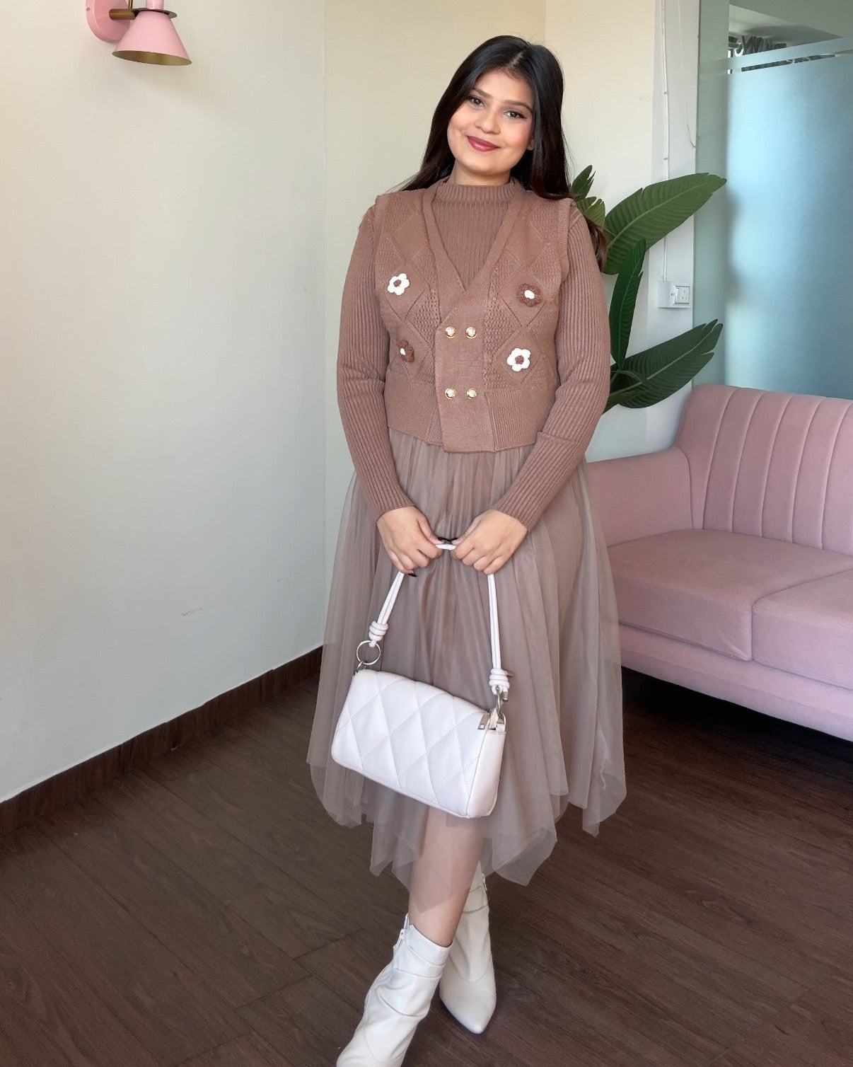 2 Piece Crochet Flower Detailing Textured Vest With Winter Dress