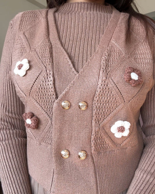 2 Piece Crochet Flower Detailing Textured Vest With Winter Dress