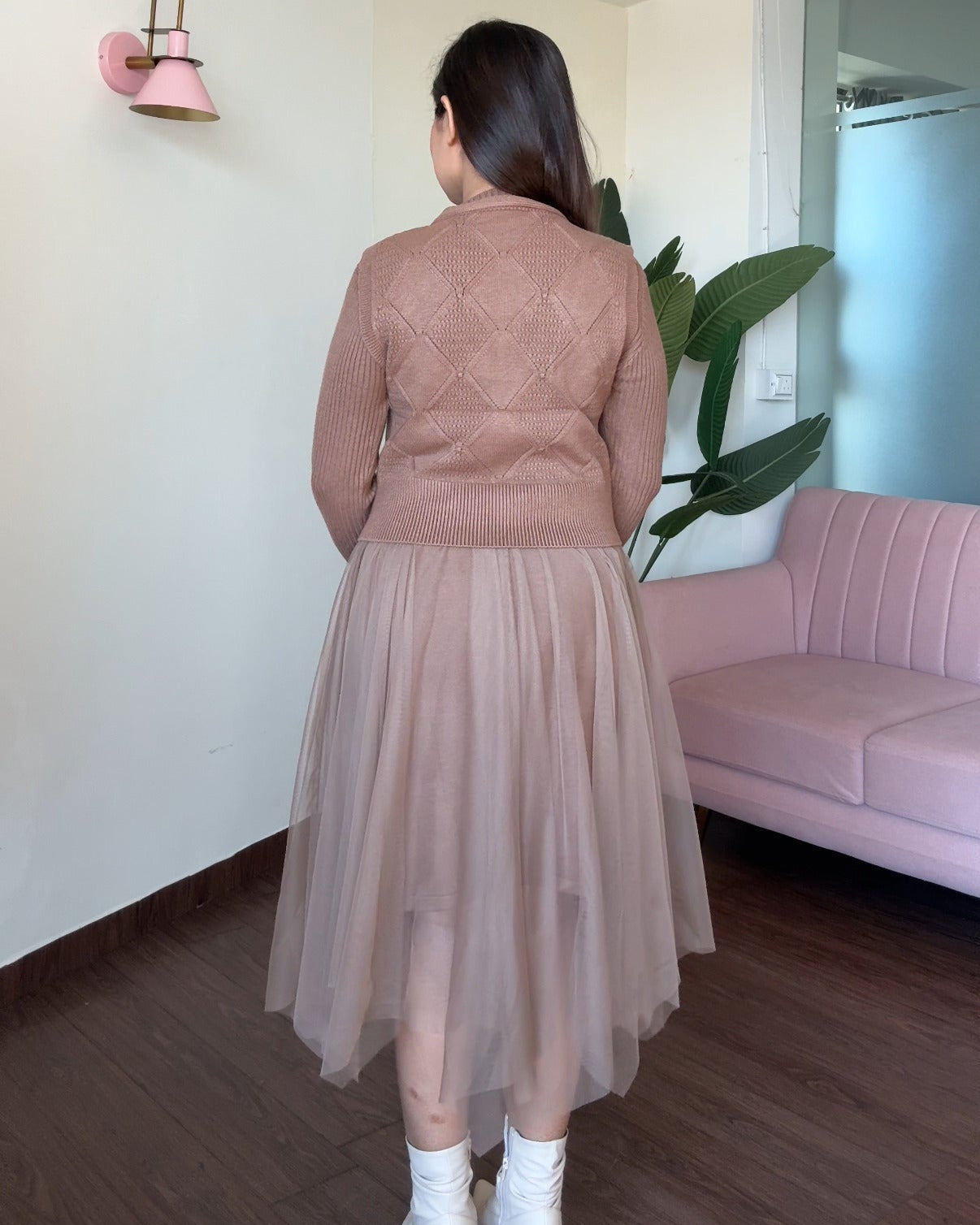 2 Piece Crochet Flower Detailing Textured Vest With Winter Dress