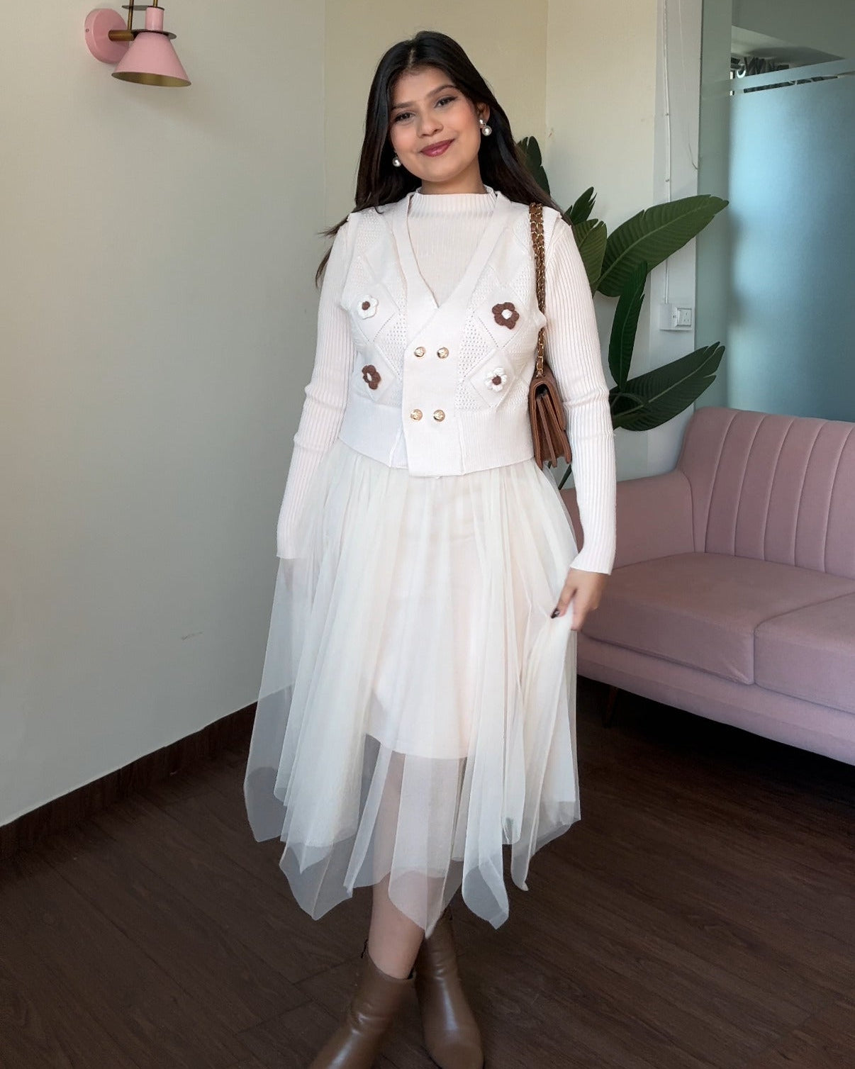 2 Piece Crochet Flower Detailing Textured Vest With Winter Dress