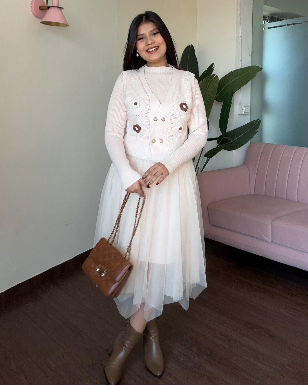 2 Piece Crochet Flower Detailing Textured Vest With Winter Dress