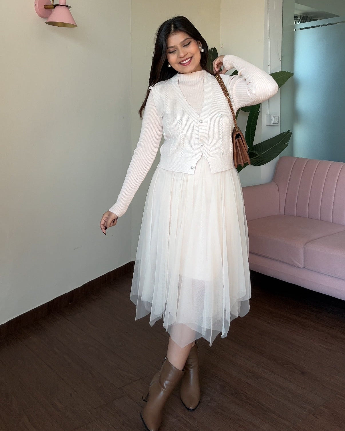 2 Piece Pearl Detailing Vest Top With Winter Dress