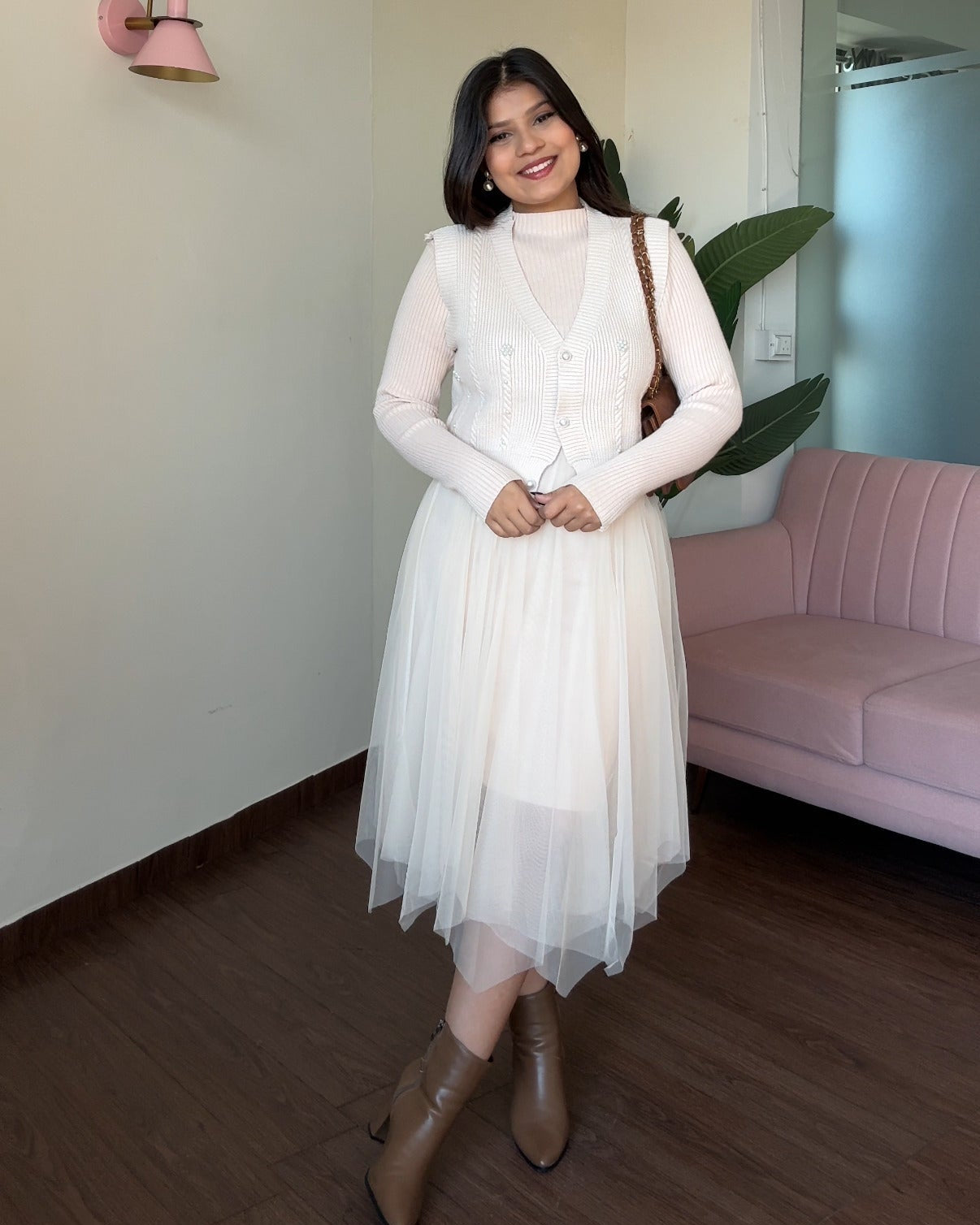 2 Piece Pearl Detailing Vest Top With Winter Dress