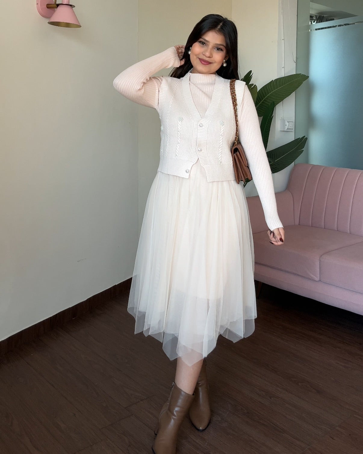 2 Piece Pearl Detailing Vest Top With Winter Dress