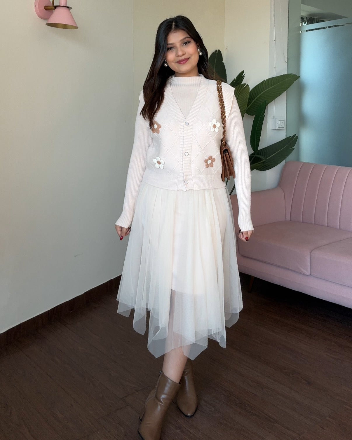 2 Piece Dual Flower Pattern Knitted Vest With Winter Dress