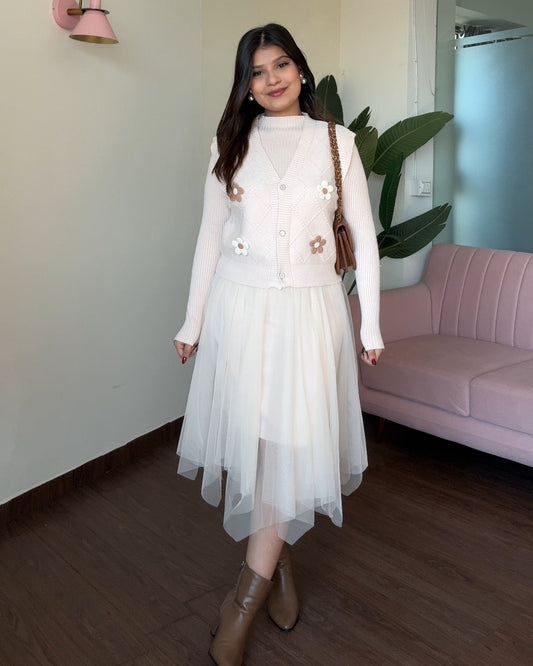 2 Piece Dual Flower Pattern Knitted Vest With Winter Dress