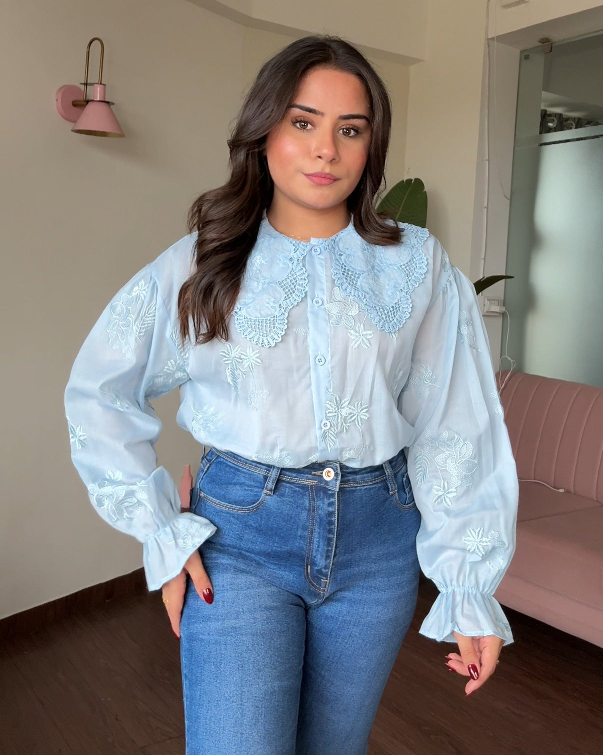 Monochrome Embroidery Korean Lace Collared Bell Sleeve Shirt