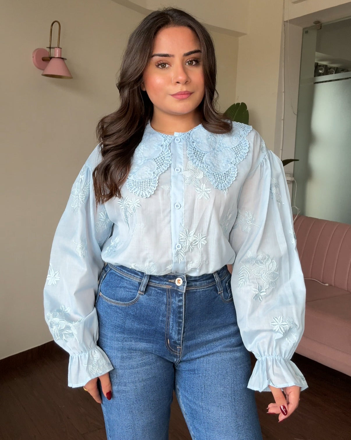 Monochrome Embroidery Korean Lace Collared Bell Sleeve Shirt