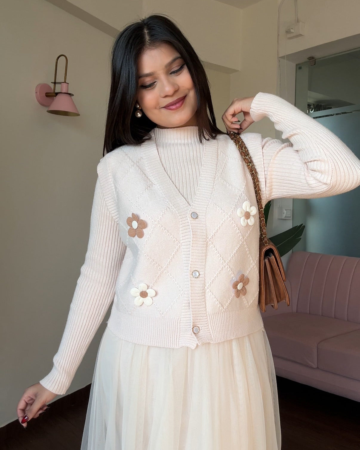 2 Piece Dual Flower Pattern Knitted Vest With Winter Dress