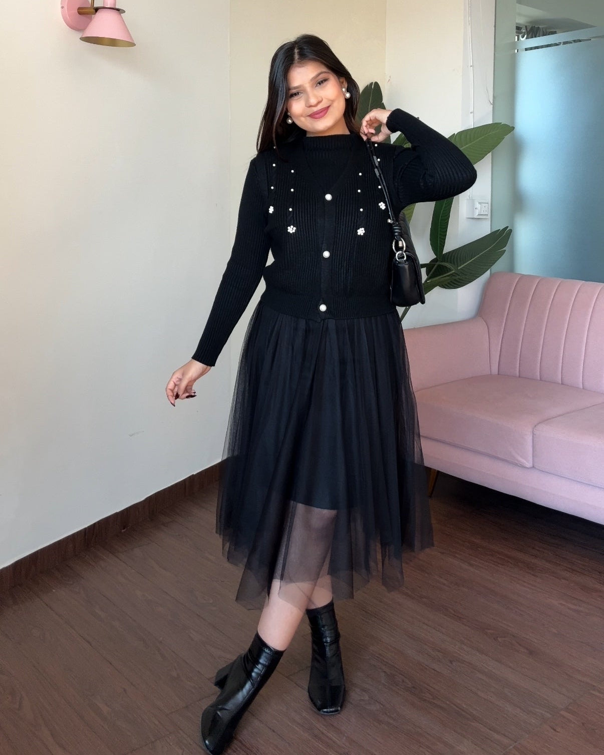 2 Piece Pearl Detailing Vest Top With Winter Dress