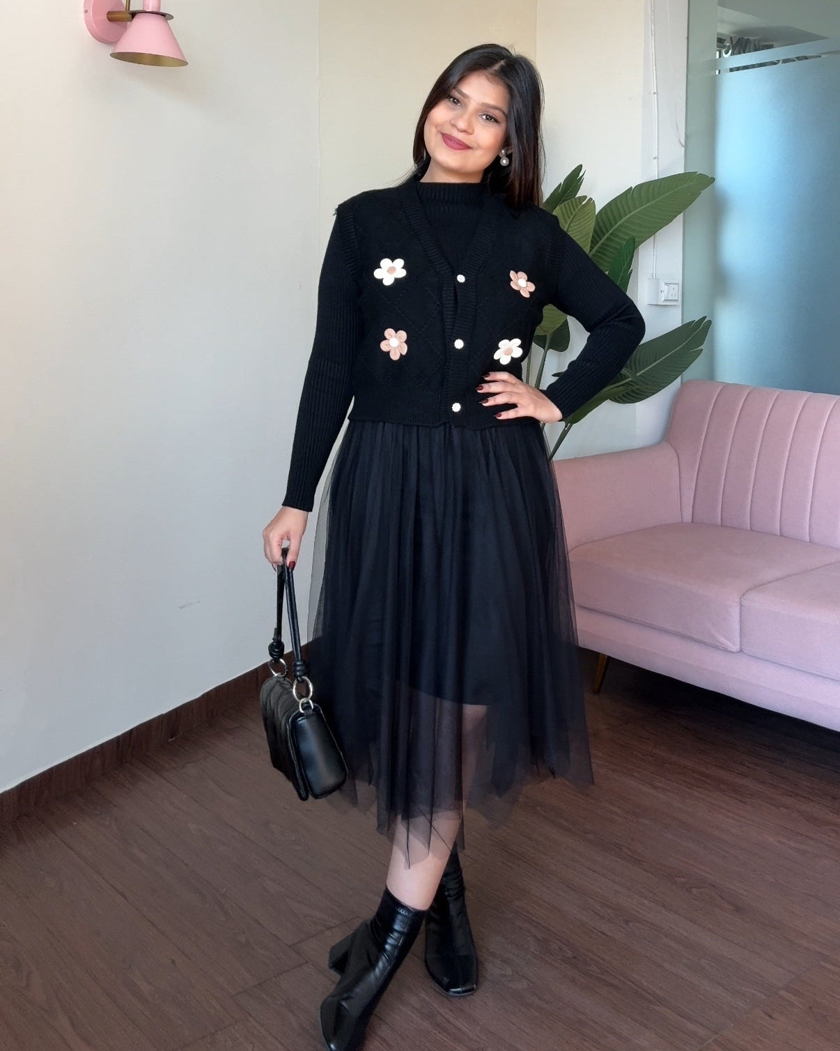 2 Piece Dual Flower Pattern Knitted Vest With Winter Dress