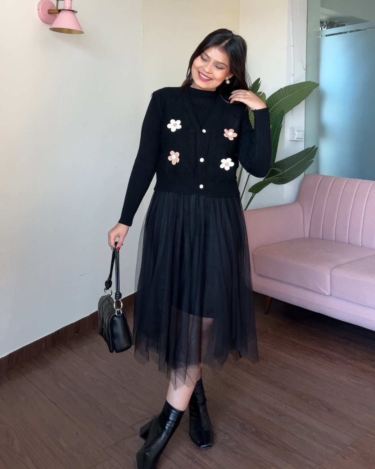 2 Piece Dual Flower Pattern Knitted Vest With Winter Dress