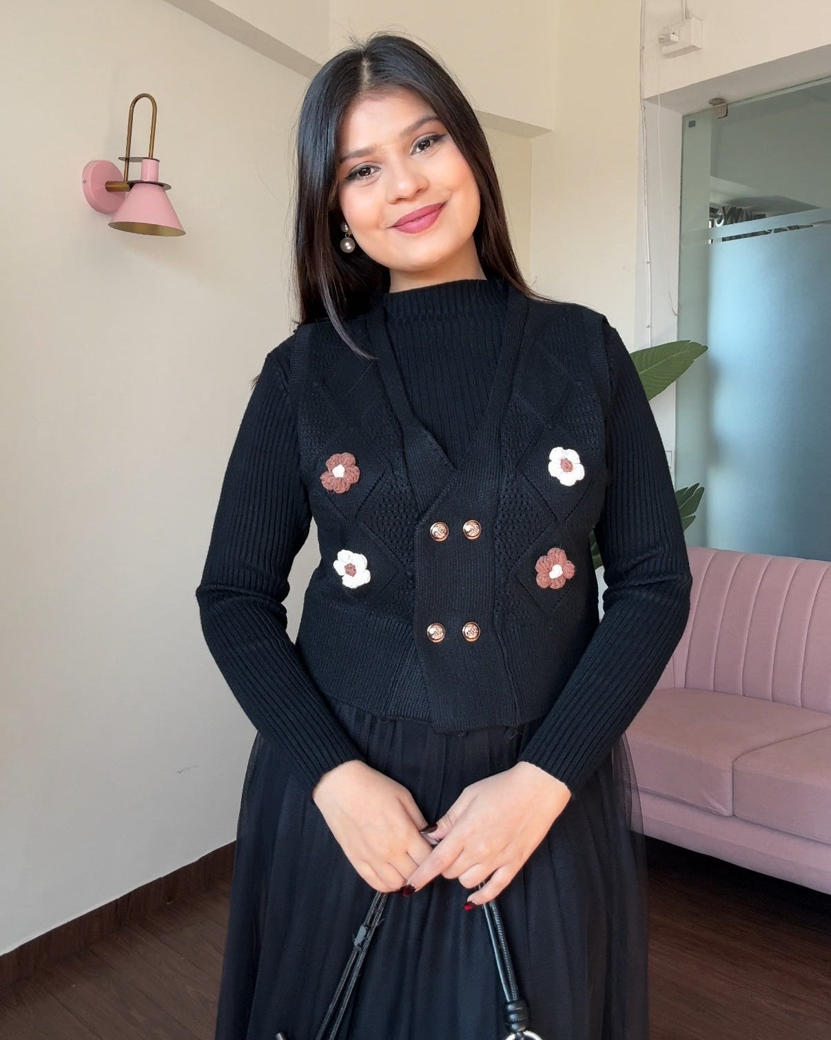 2 Piece Crochet Flower Detailing Textured Vest With Winter Dress