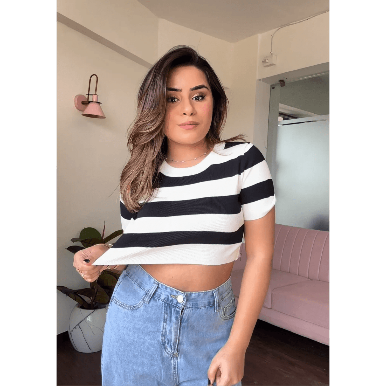 Stripe Cropped Casual Crew Neck Top