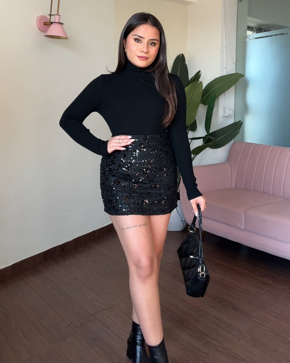 Tweed Mini Skirt With Sequin & Classic Turtleneck Top