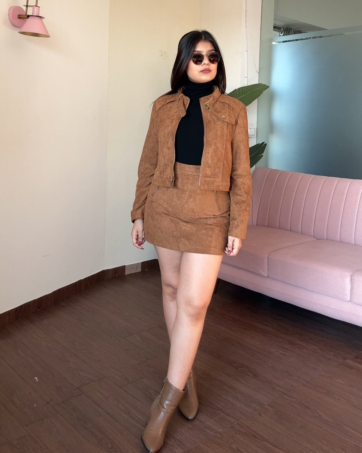 Suede Cropped Jacket With Mini Skirt Set