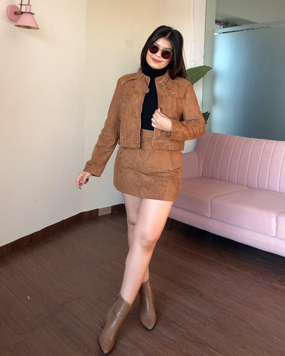 Suede Cropped Jacket With Mini Skirt Set