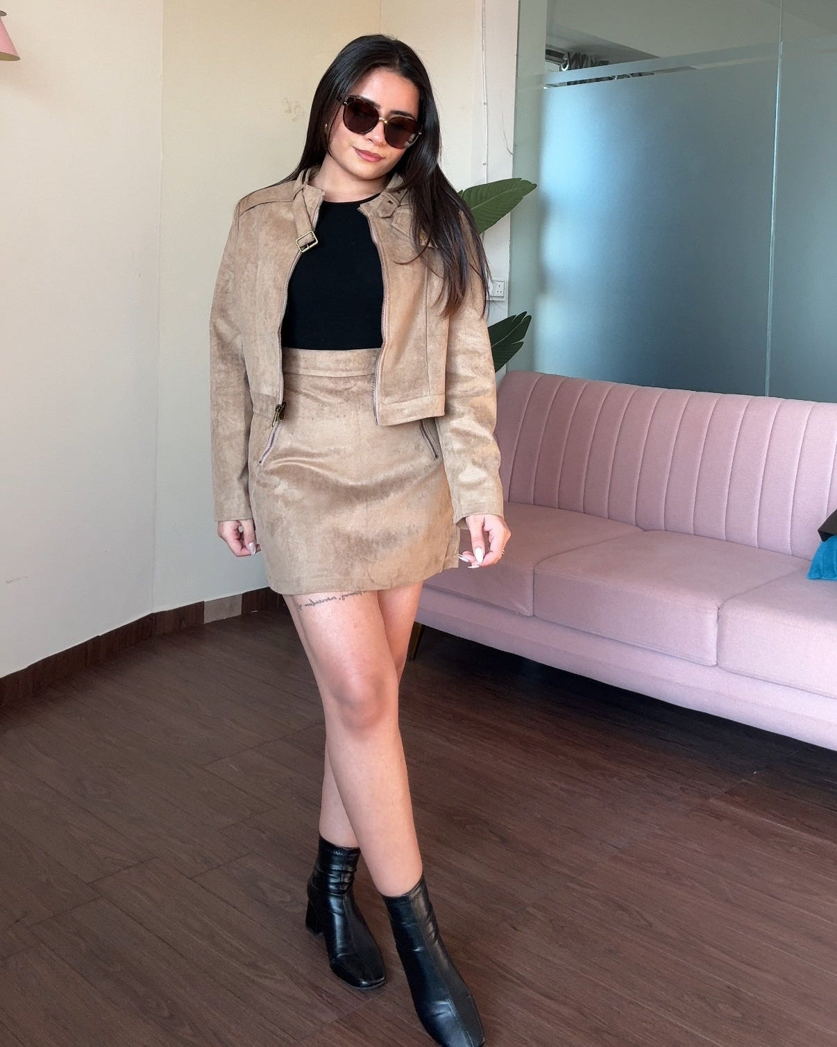 Suede Cropped Jacket With Mini Skirt Set