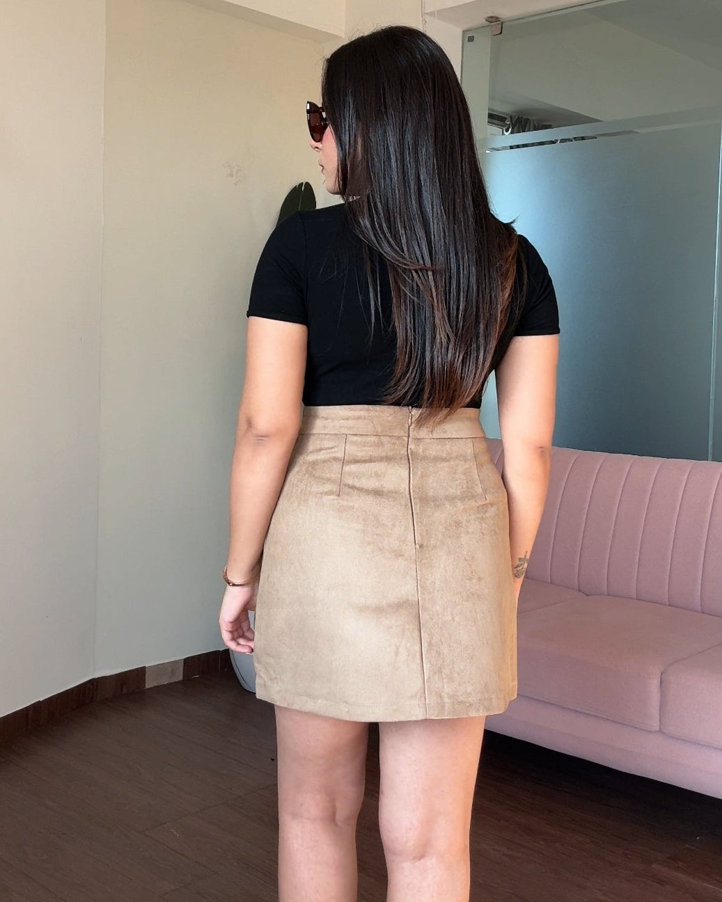 Suede Cropped Jacket With Mini Skirt Set