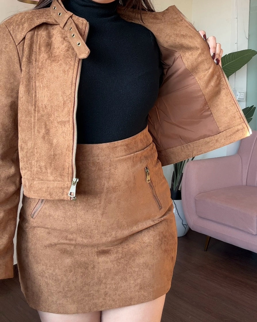 Suede Cropped Jacket With Mini Skirt Set