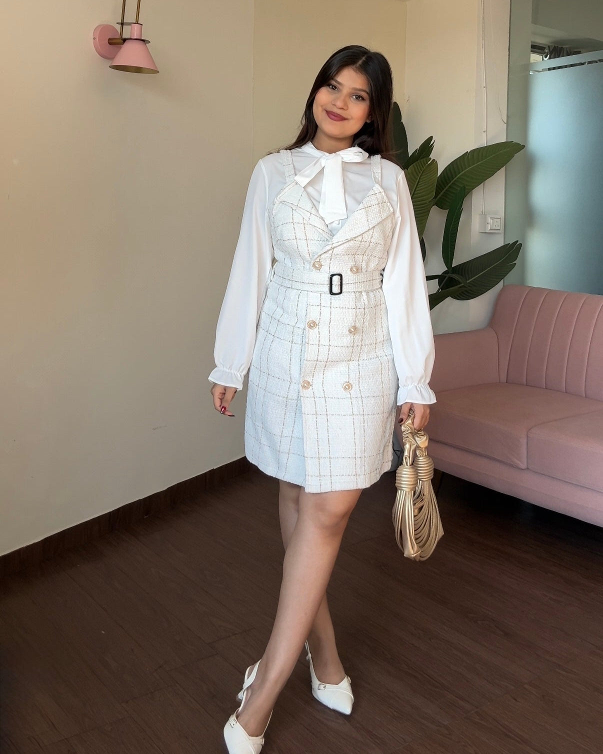 Tweed Golden Button Dress With Blouse