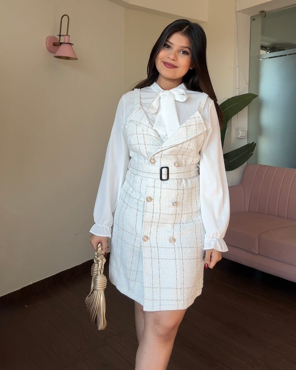 Tweed Golden Button Dress With Blouse