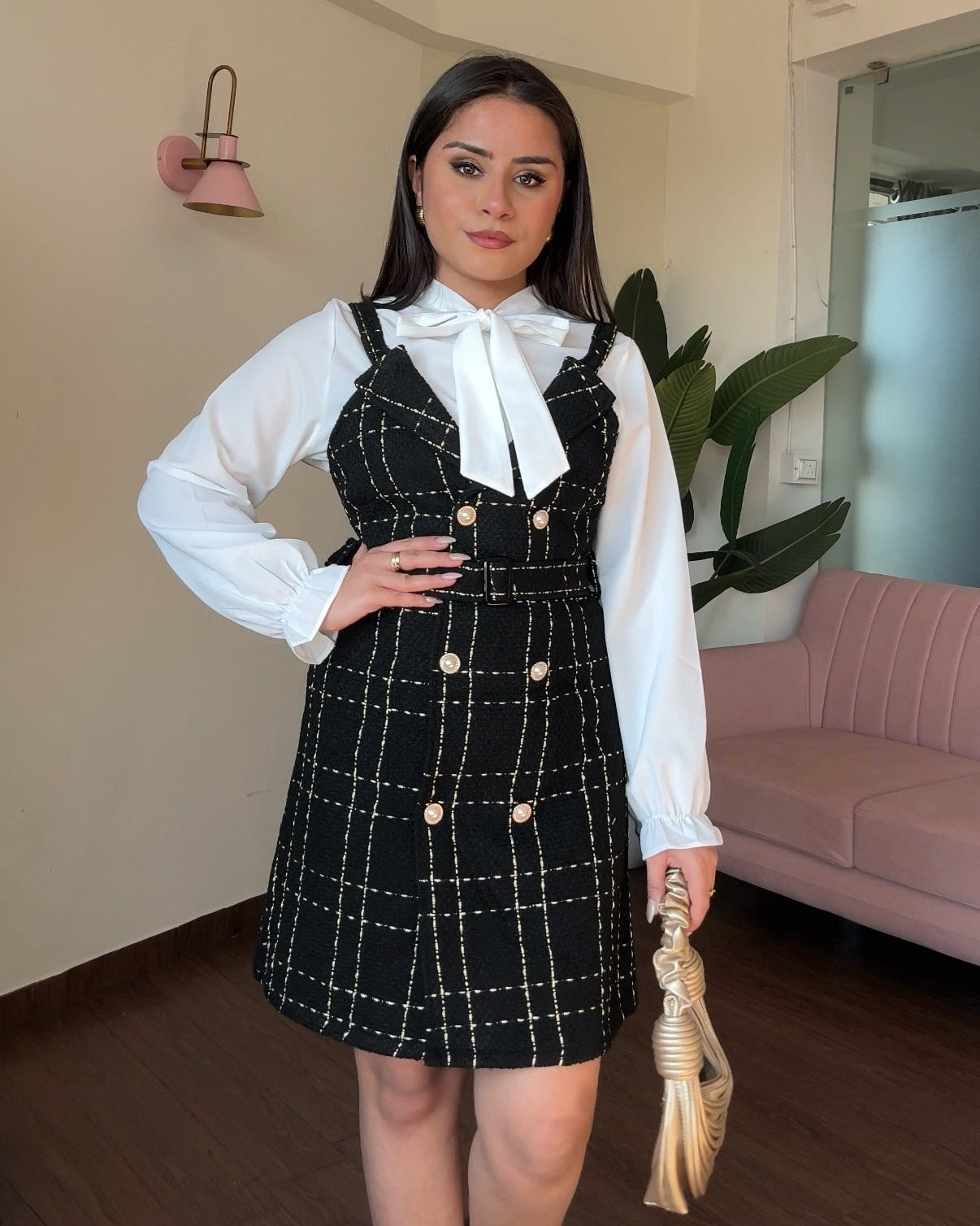 Tweed Golden Button Dress With Blouse