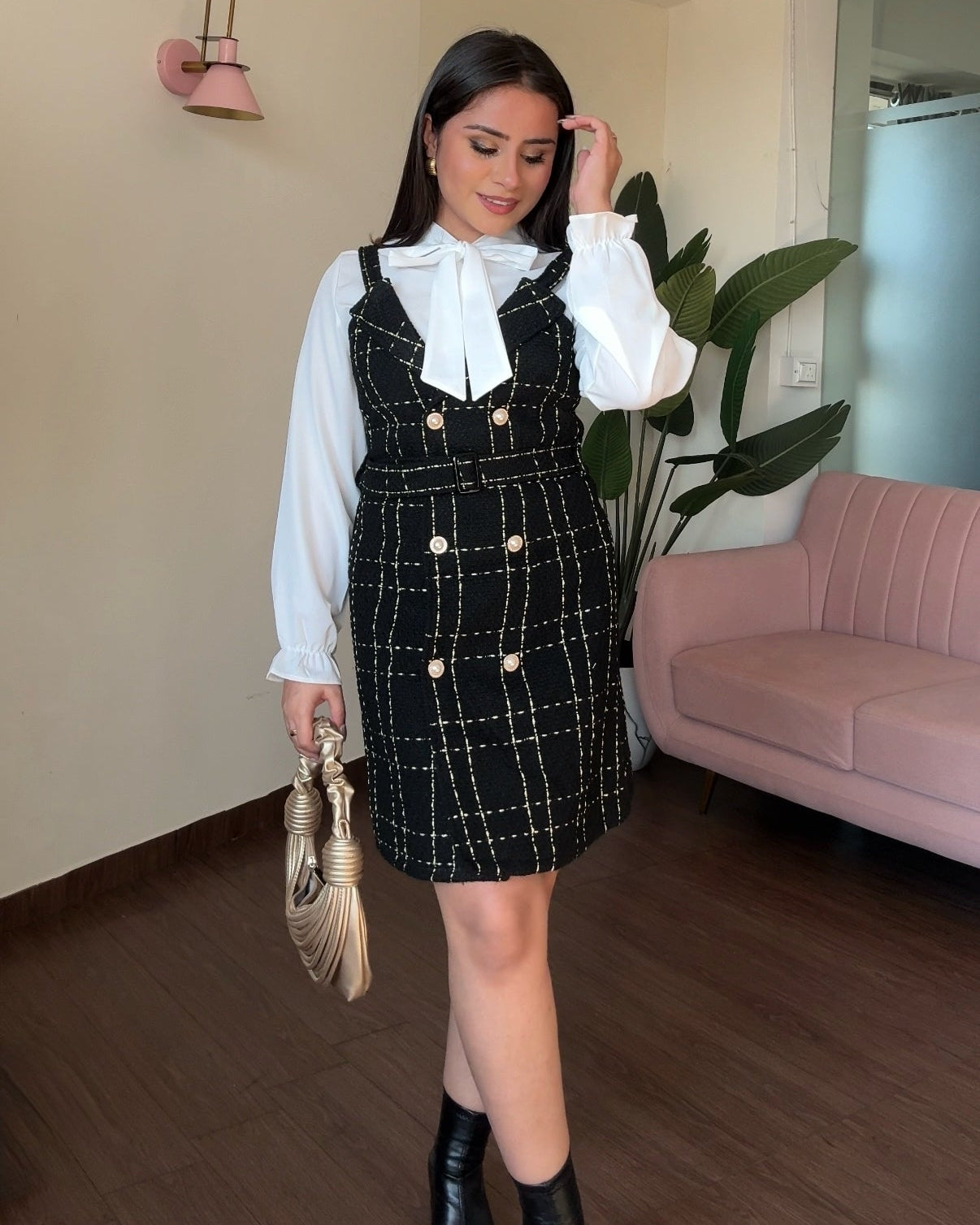 Tweed Golden Button Dress With Blouse