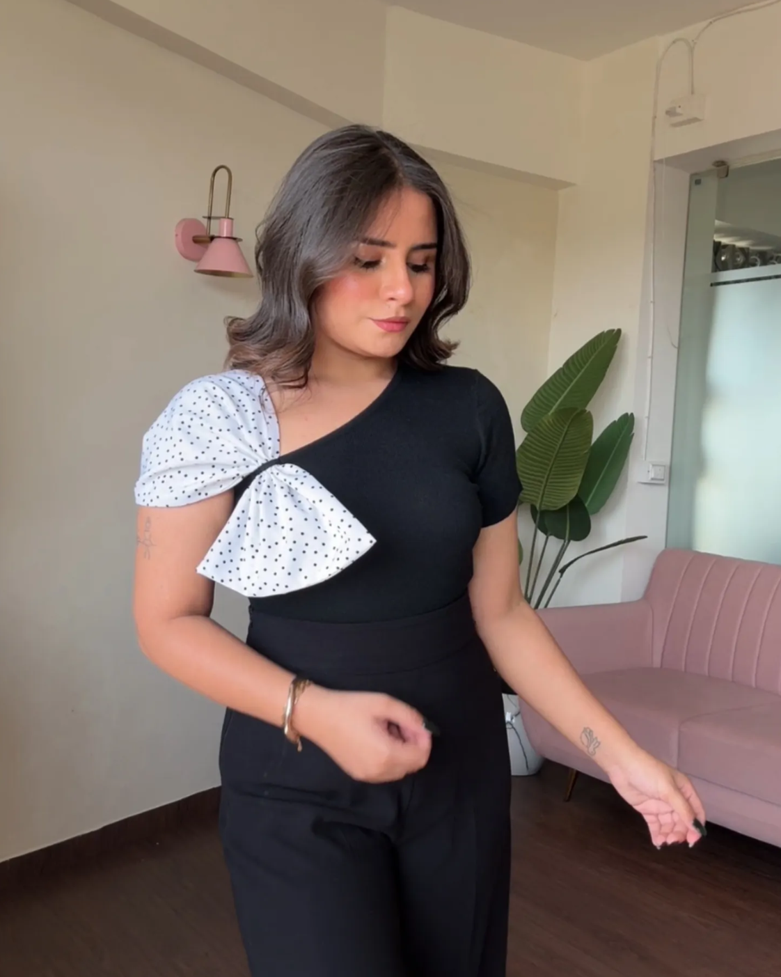 Polka Dot Bow Sleeve Knitted Top