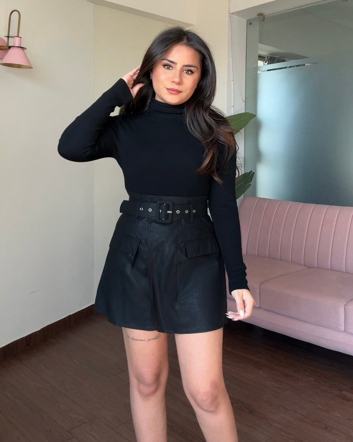 Mini Leather Skirt With Thick Belt