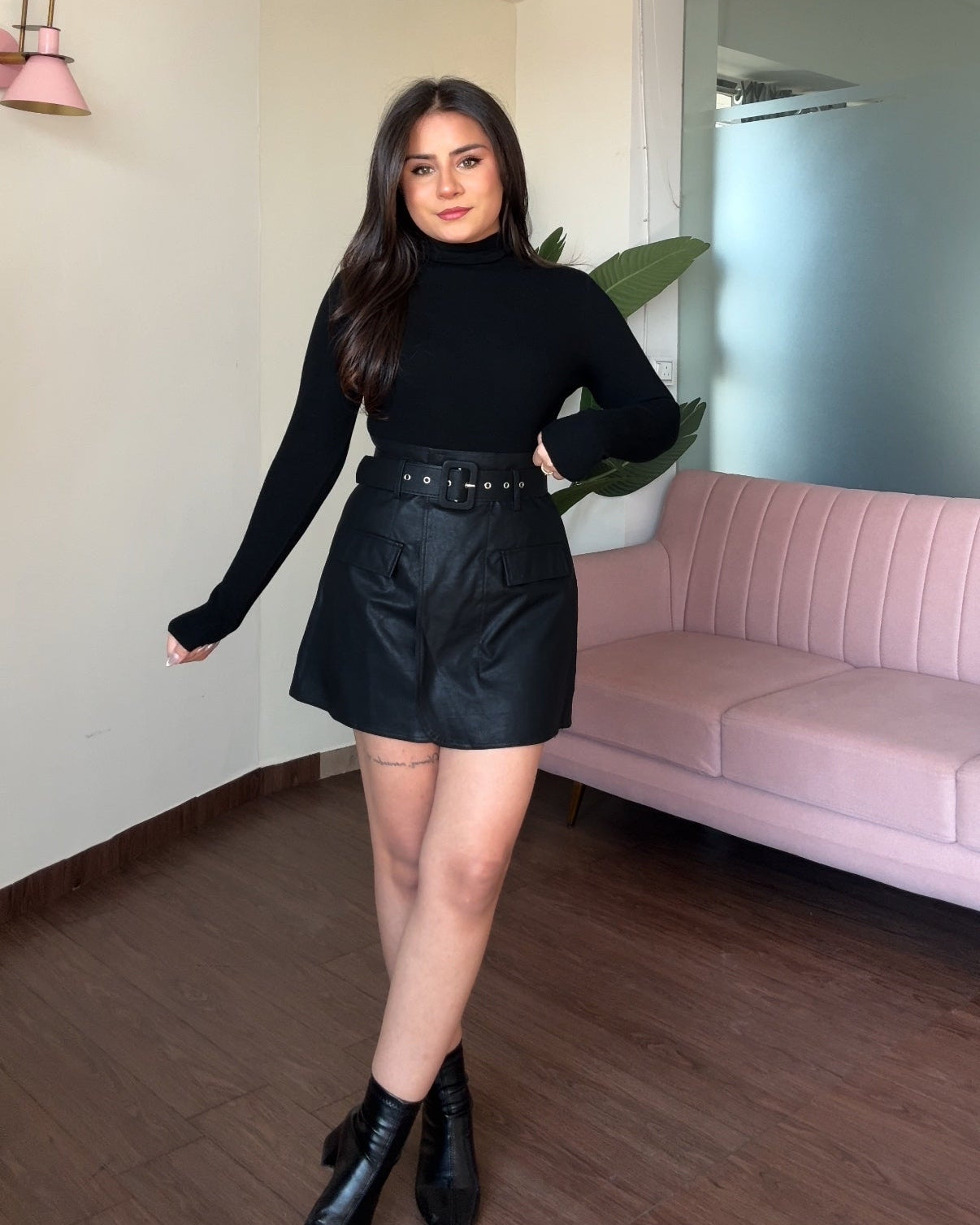 Mini Leather Skirt With Thick Belt
